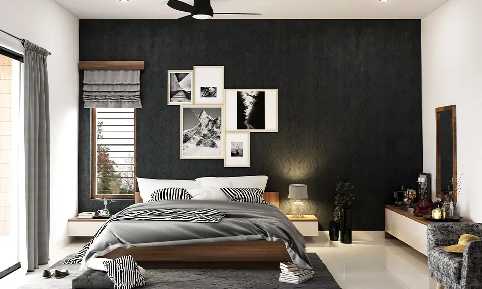 Stylish bedroom in dark monochromatic colors with white accents