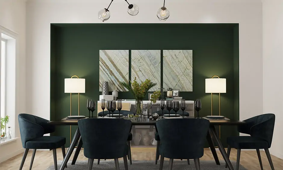 Dining room paint colors with accent wall in dark green enliven the space