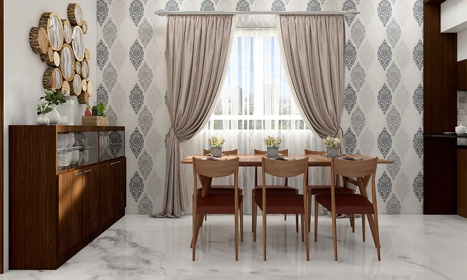 Dining room wallpaper in grey features a beautiful pattern with different shades of grey.