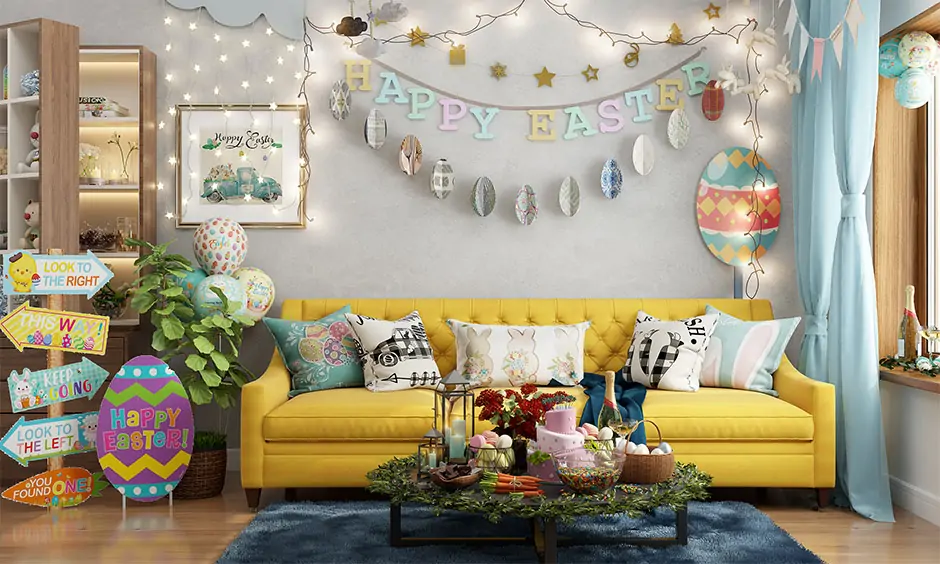 Easter home decoration by colourful paper banners