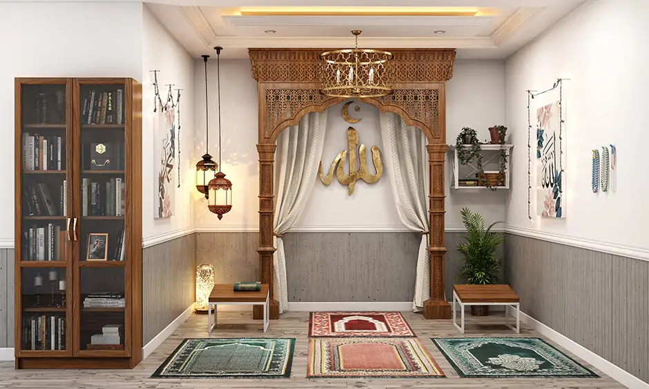 Eid al adha decorations in the prayer room with lights frames plants and prayer mat can bring positive vibrations