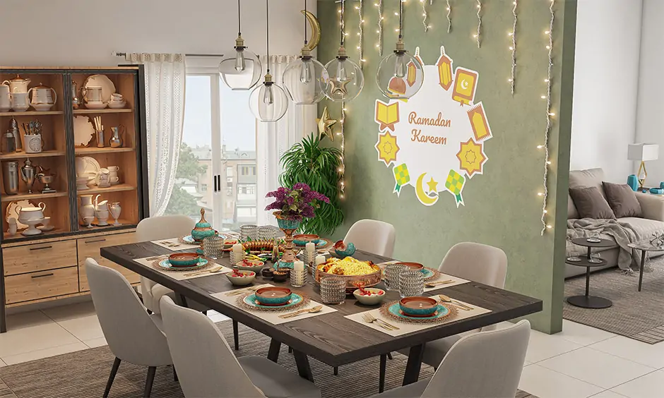 Eid milad un nabi decoration for dining table with traditional metal pottery candles and flowers bring festive feel