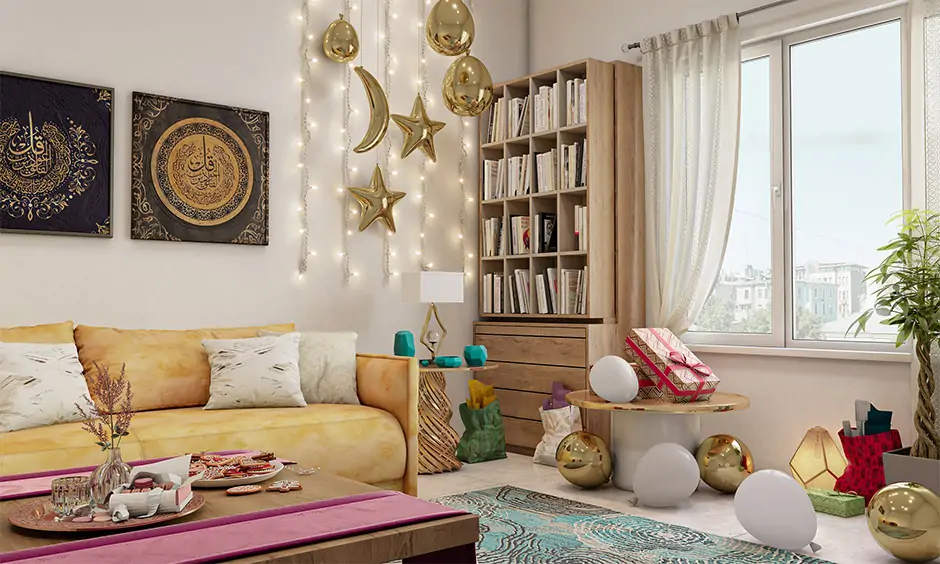 Eid mubarak decorations in the living room corner with string lights and balloons on the wall adds an aesthetic look