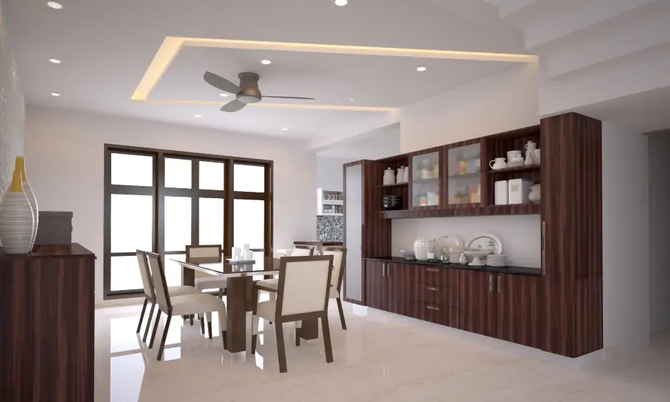 Ceiling design for dining hall with fan and ceiling light is the latest dining hall ceiling design looks elegant.