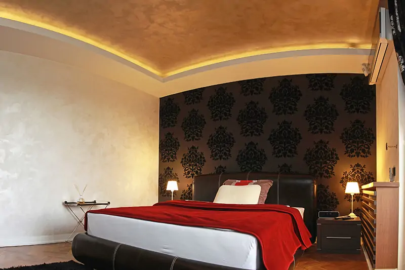 False ceiling colour combination where gold colour exudes warmth as well as a sophisticated elegance