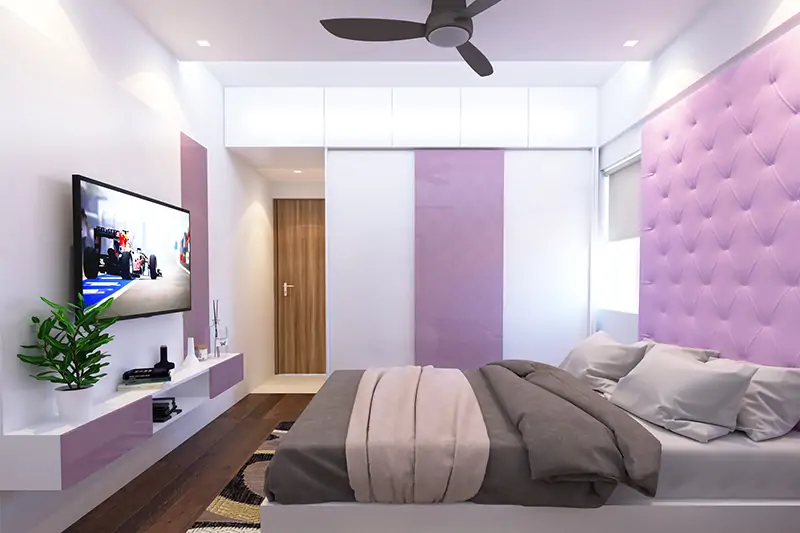 Different shades of mauve on the ceiling, wardrobe doors, and headboard for false ceiling colour combination