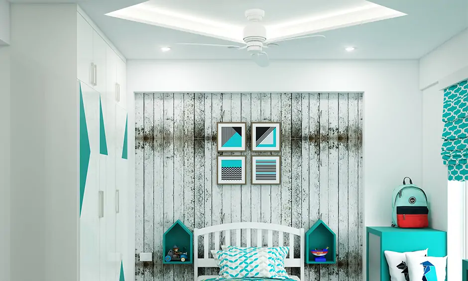 False ceiling for kids bedroom with hidden lights brightens up the room and enhances the ambient lighting.