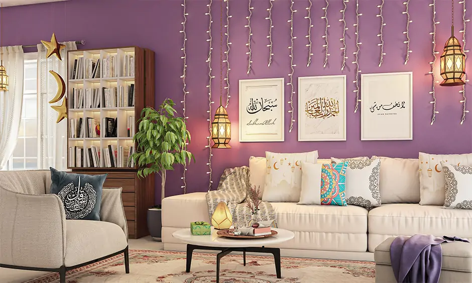 The living room decorated with lanterns and star lights on the wall is the best eid mubarak decoration ideas