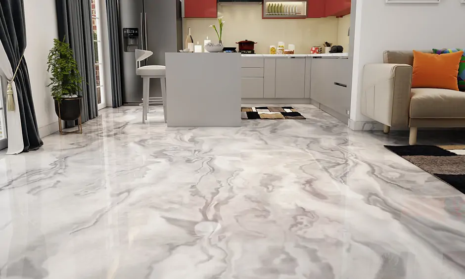 Faux marble epoxy floor design idea for the spacious island kitchen