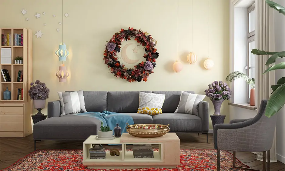 Living room walls decorated with fresh flowers and hanging lights are the aesthetic eid decoration ideas for home