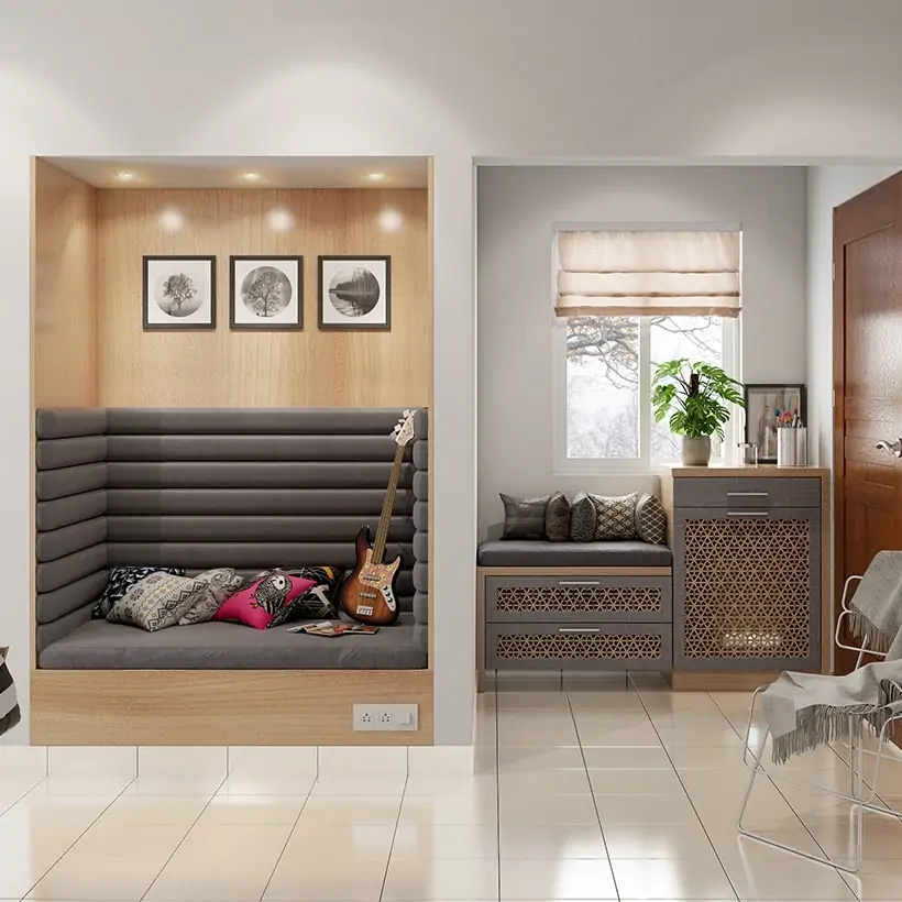 Entrance foyer design with seating, table and storage space makes a home entrance beautiful.