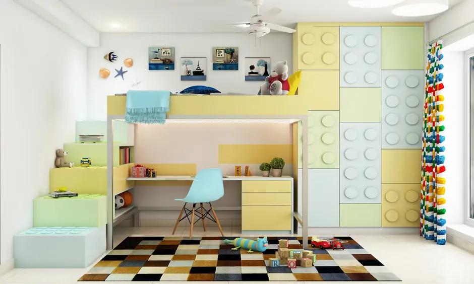 Girls bunk bed with desk and wardrobe resembles the style of Lego blocks
