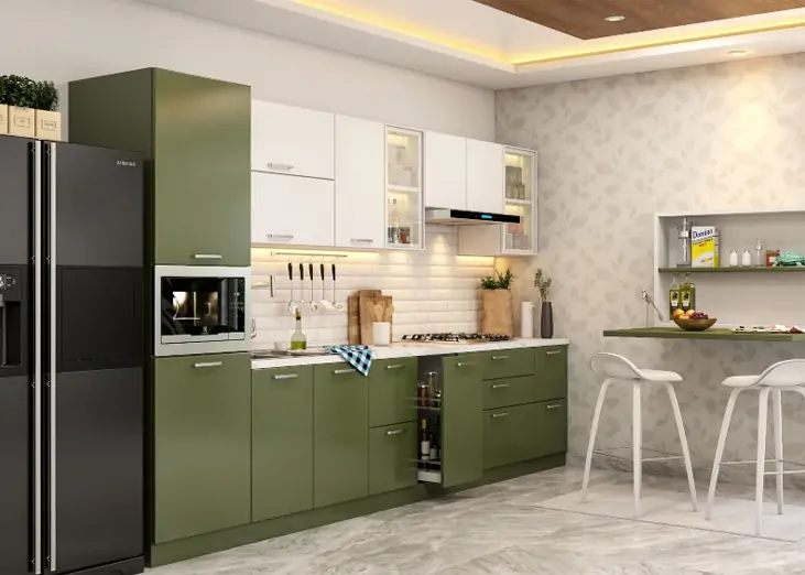 Muted green and white modern kitchen sunmica design for a charming look