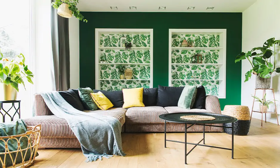 Botanical motifs on the green wall wallpaper texture bring nature indoors without the need for live plants