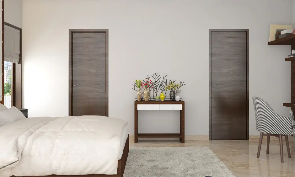 Hardwood bedroom door design breaks the monotony of the white wall