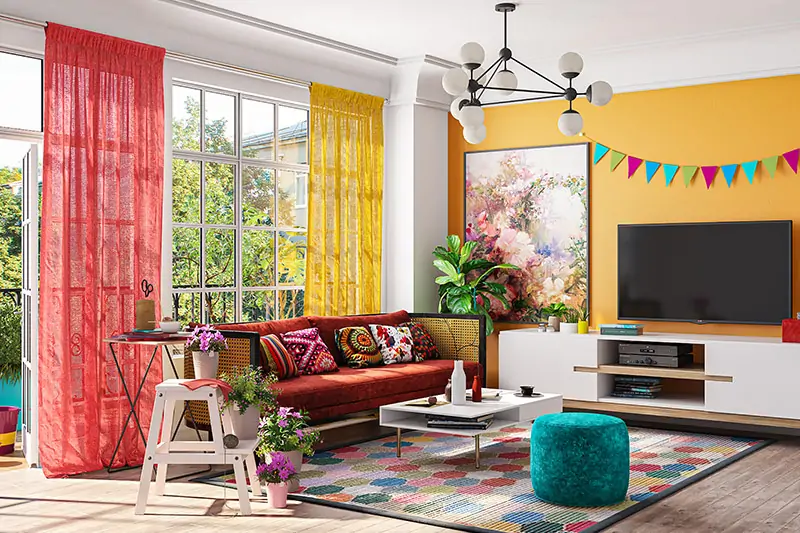 Holi decoration ideas for living room with upholstery, cushions, and curtains and cool artwork on the wall
