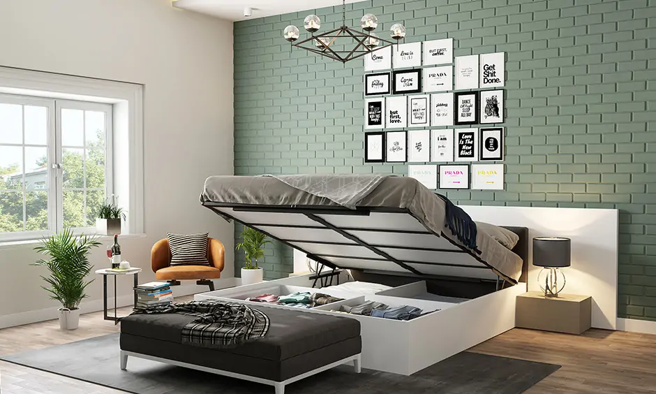 Hydraulic storage bed in sleek and modern design maximizes space in a bedroom