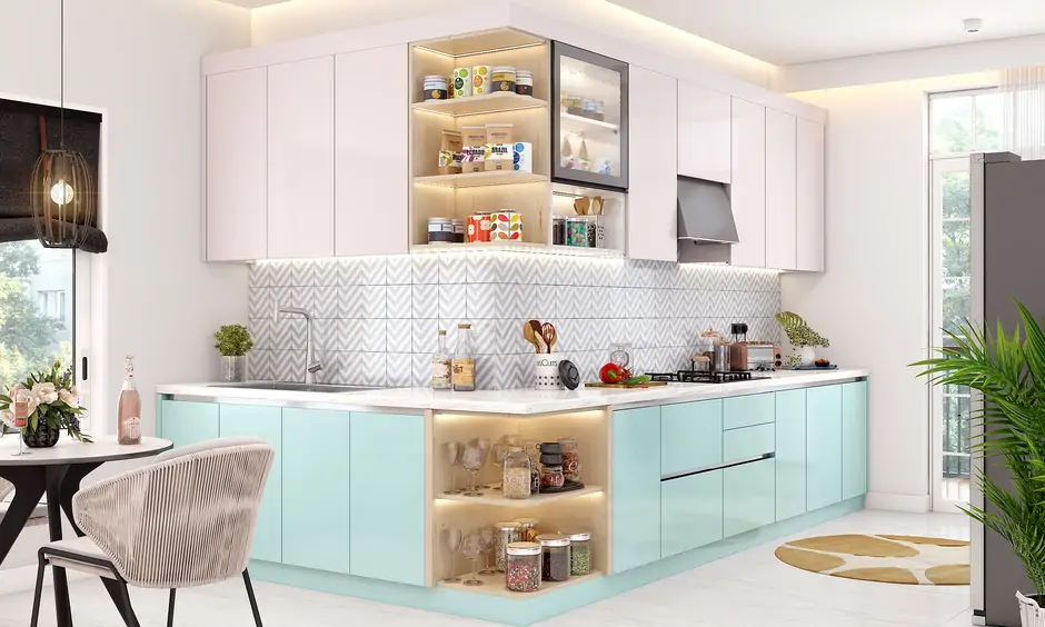 Inverted l-shaped small kitchen design featuring stylish chevron-inspired backsplash