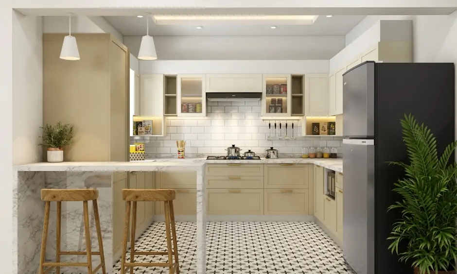 Japandi-style u-shaped kitchen with a neutral colour palette of brown, beige, and white with a breakfast countertop