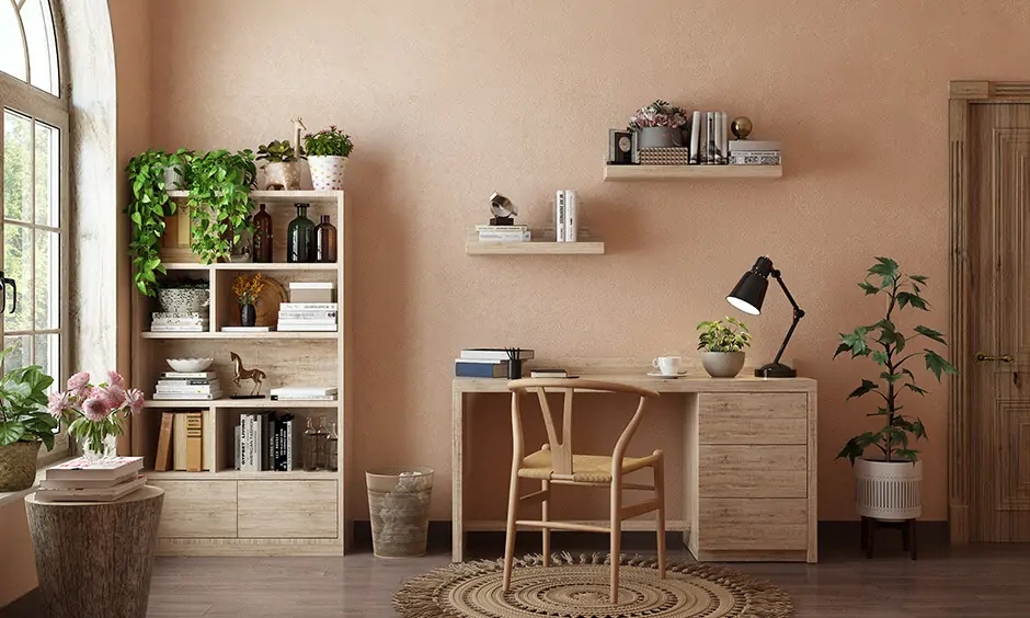 Study room in pastel Japandi style with vintage wooden table