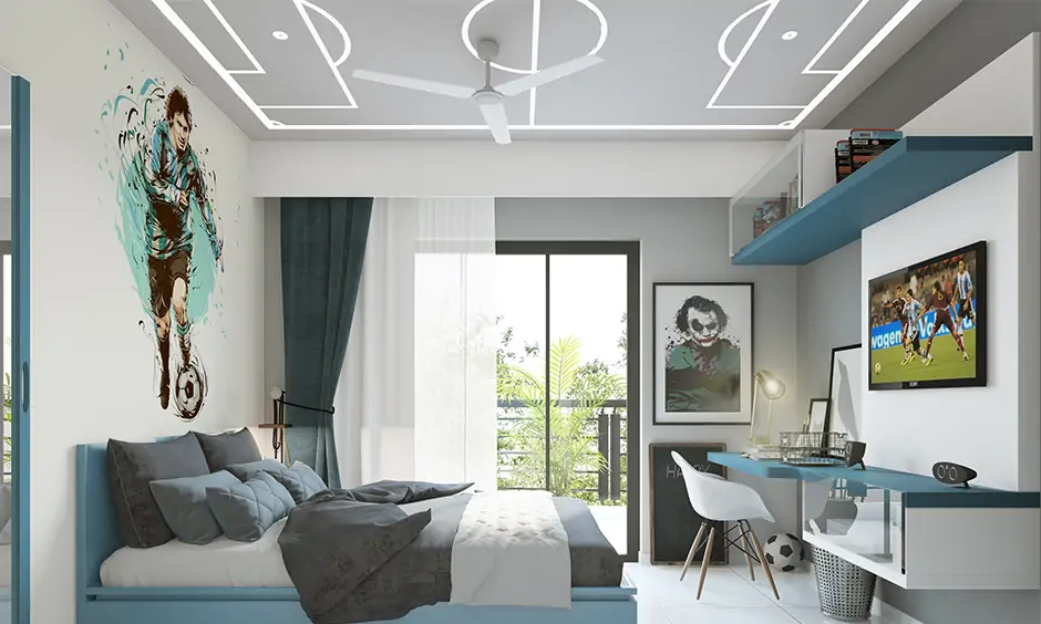 Kids bedroom false ceiling design in football field theme is a creative and welcoming space for a child.