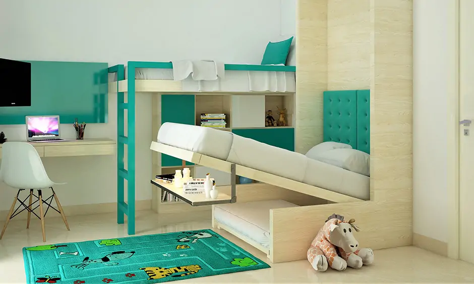 Green and white kids' bunk bed with desk and pull-down wall bed visually transports you to the beach
