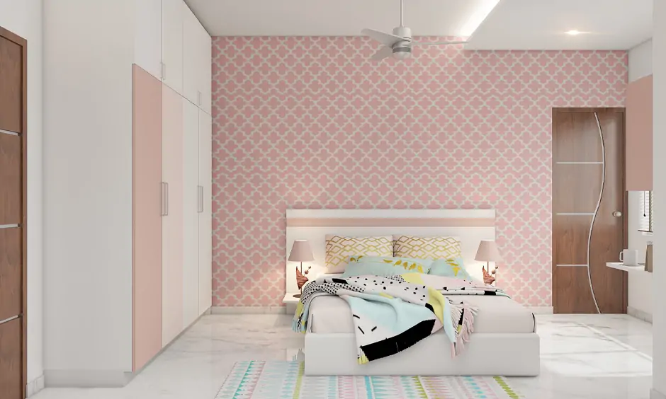 Kids room decorating ideas for girls pink-printed wallpaper with matching wardrobe doors