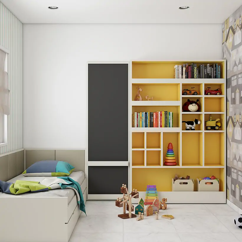 Wall showcase design for kidsroom to store toys, books and more in a simple modern kidsroom.