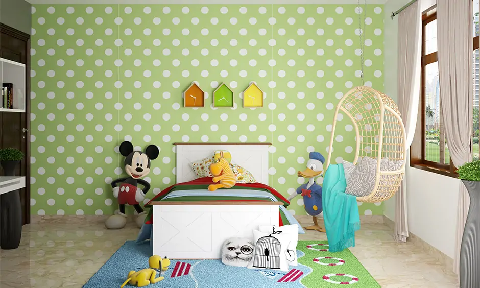 Kid's bedroom with Disney theme, featuring a kids swing chair and colorful decor
