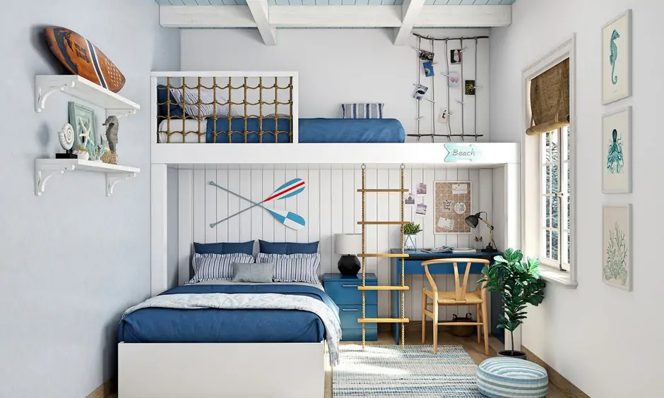 White and blue king-size bunk bed with a desk and wooden ladder