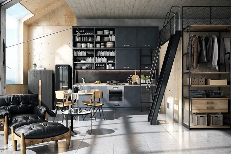 Kitchen and living room designs combine for your home where you have a ladder on hand to reach less accessible shelves which is a open concept kitchen and living room