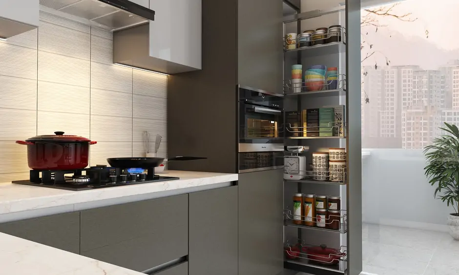 Kitchen design for the elderly, which has a tall  and sleek pantry unit