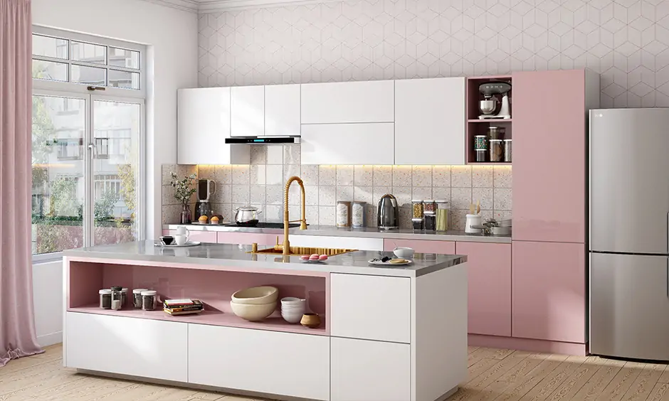 Kitchen island with drawers and seating in a stylish gold accent