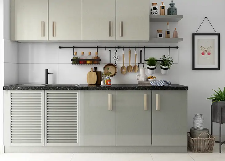 Modern kitchen sunmica design with louvred door design to add an instant upgrade