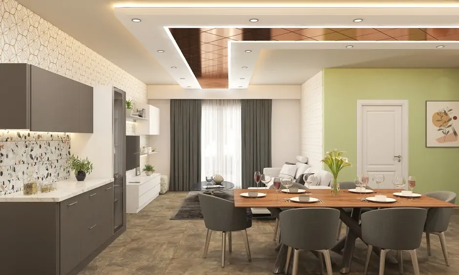 Dining room with l shaped ceiling glass panel