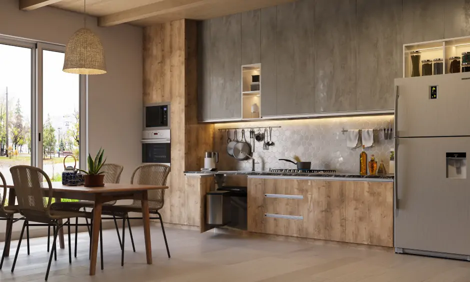 Large indian open kitchen with dining room in grey and wood