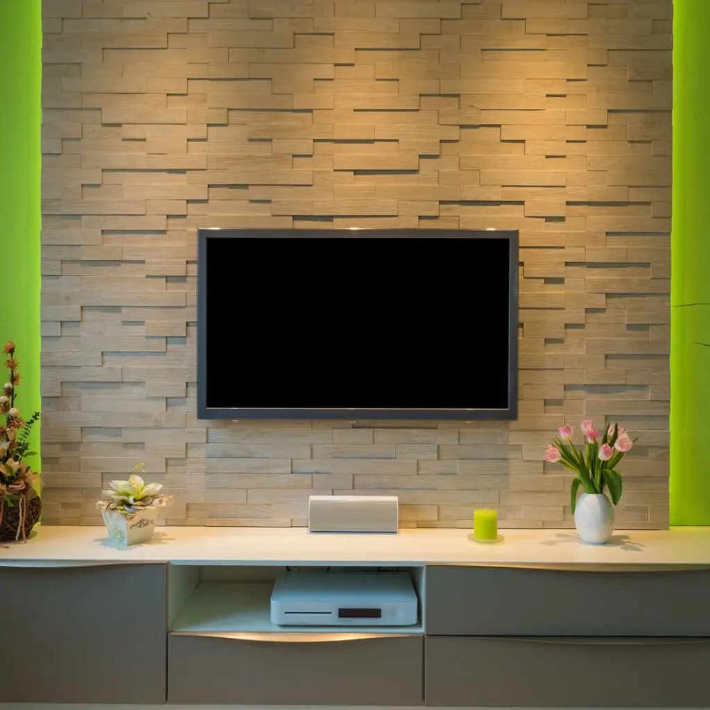 A textured tv wall design with led tv mounted on it to enhance the beauty of a room