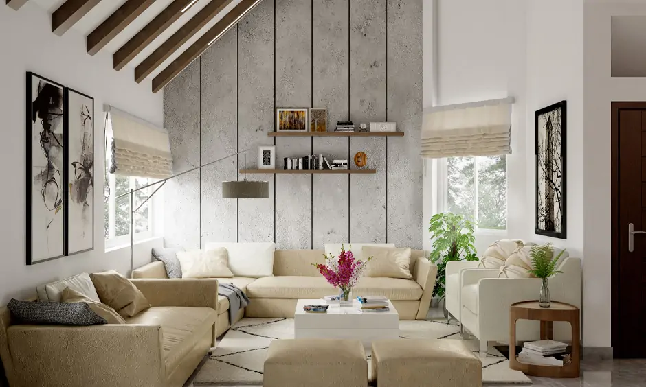 Light grey stone wall cladding, which adds a country-side feel to the living room