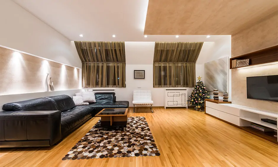 Light wooden false ceiling designs for living room create a bold design statement