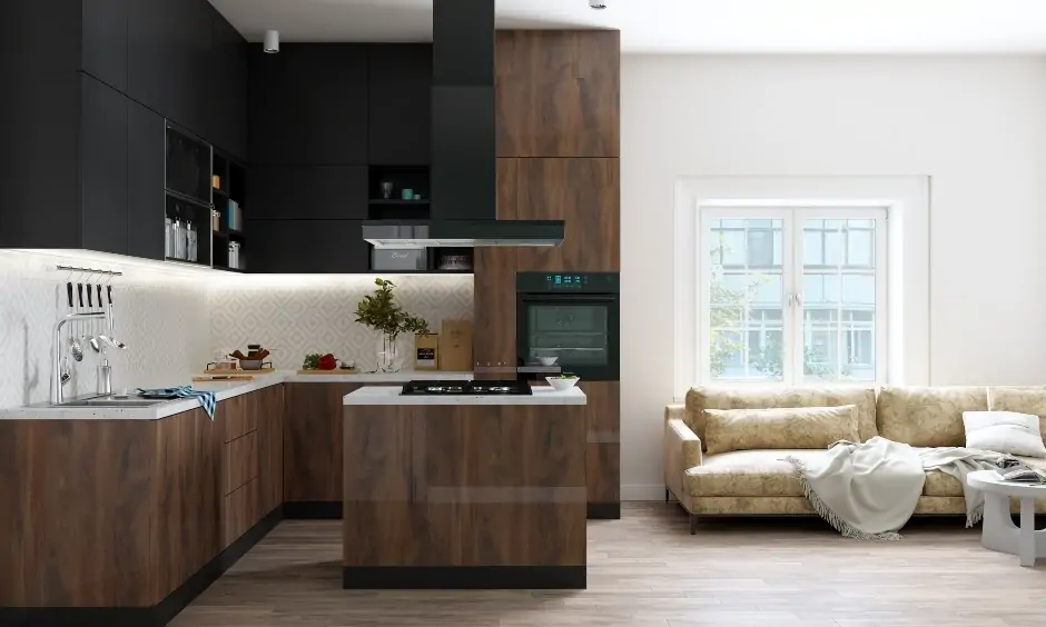 Limited space, small l-shaped kitchen design comes with an open living room