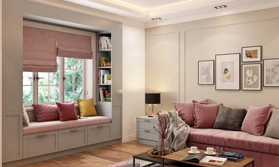 Living room storage units build in the bay window to create a cosy reading nook experience