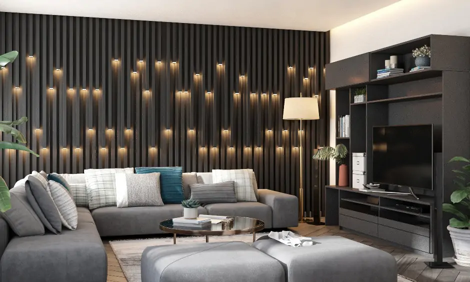 Living room in black colour combination with grey gives a bold and sophisticated aesthetic