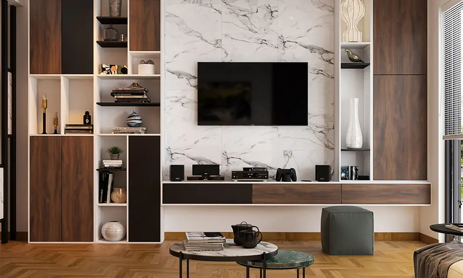 Living room marble tv wall design with open and closed cabinets