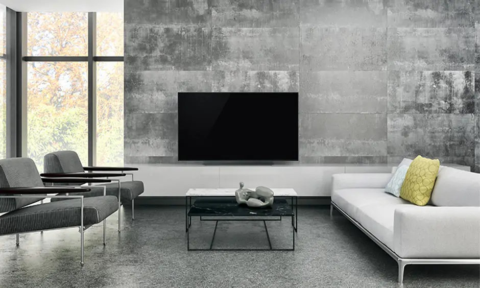 Elegant living room featuring terrazzo cement tiles and timeless black-and-white accents