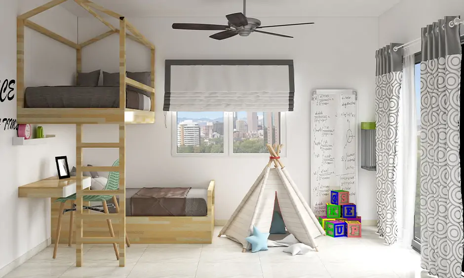 Loft bunk bed with a desk in minimalist design