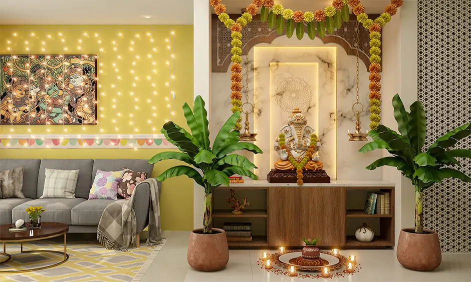 Marble wall for mandir in living room cmomprises backlit
