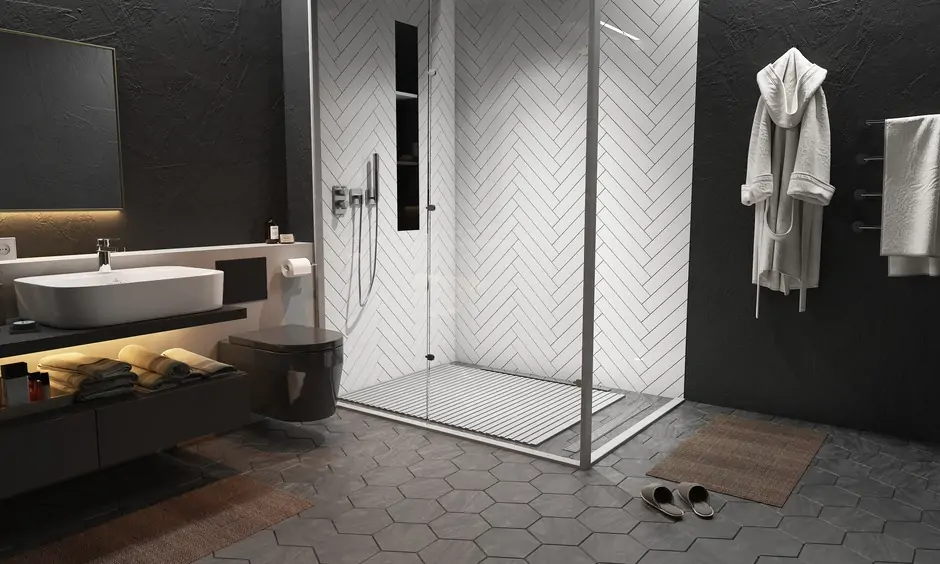 A honeycomb matte mosaic flooring for the bathroom for a contemporary vibe