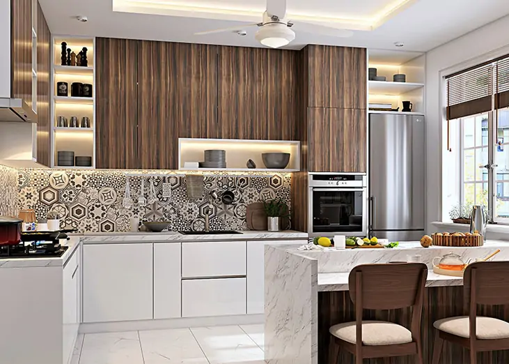 Maximalist kitchen sunmica design with textured prints