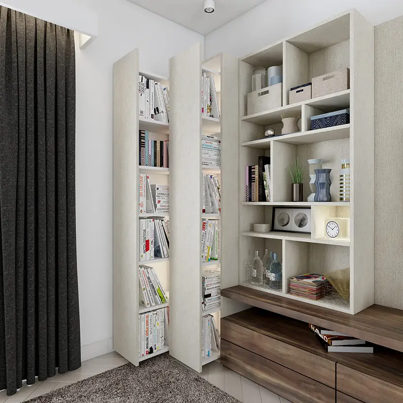 Wooden Maze showcase designs for walls designed with pull out tall units are modern living room wall showcase design