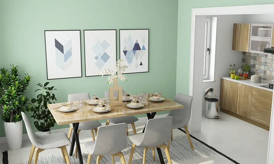 Medium cross legged foldable dining table design with powder green walls